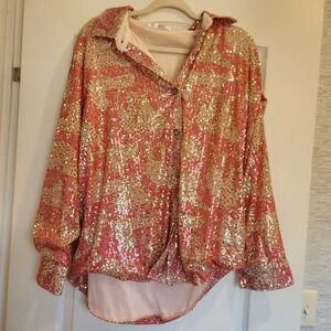 Moon Ryder Womems Sequin Button Down Shirt - Pink and Gold Size M Euc